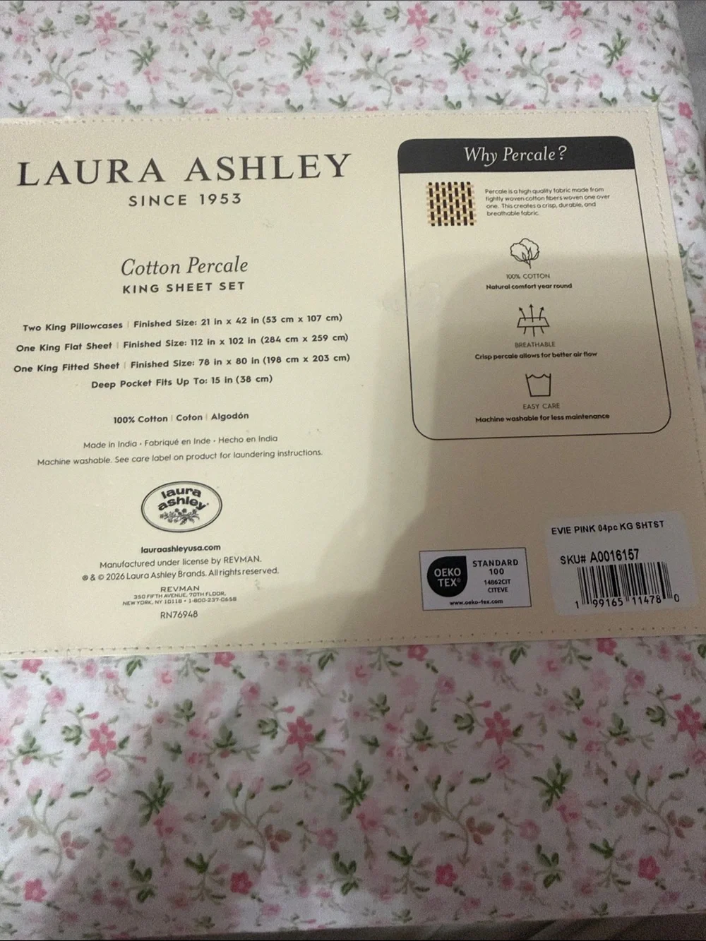 Laura Ashley Pink and Green Floral Cotton Percale King Sheet Set